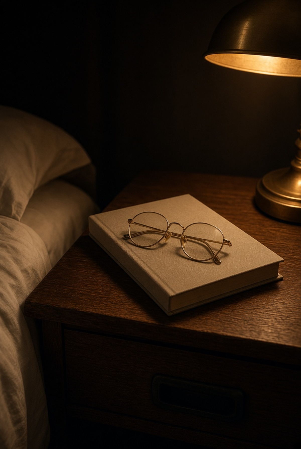 A closed book and glasses under a lamp on a wooden nightstand.